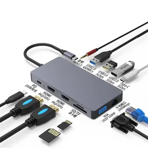 Док-станция USB C 12 в 1, хаб с тремя мониторами типа C на 2 HDTV + VGA, TF Аудио для Dell/Surface/HP/Lenovo