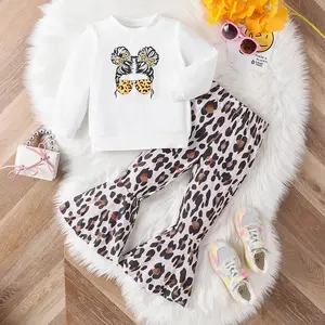 Green Horizon Kids Clothes Sets Long Sleeve Printing Shirt+Leopard Bell Bottom Pants 2Pcs Children Toddler Baby Girls Outfit