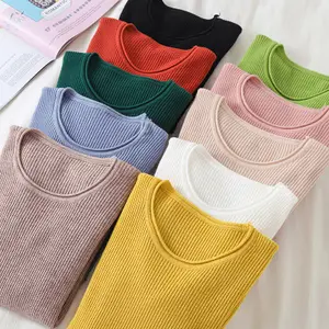 Jersey de punto para mujer, suéteres coreanos de punto para mujer, suéter básico de manga larga, blanco, otoño