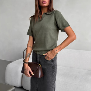 T-shirt in Viscosa <span class=keywords><strong>Elasticizzata</strong></span> a Maniche Corte Stile Europeo-Americano, Top Casual Elegante a Tinta Unita - Product Image 2