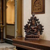 Statue de divinité bouddhiste multi-bras en bronze coulé sur mesure avec finition laiton, base lotus et motif animalier pour temples, hôtels et art public