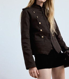 Chaqueta Corta Estilo Napoleón para <span class=keywords><strong>Mujer</strong></span>, Cuello Alto, Botones Dorados <span class=keywords><strong>de</strong></span> Doble Fila, Diseño con Epaulettes, Abrigo Corto Marrón Vintage - Product Image 2