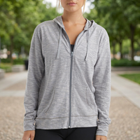 Sweat-shirt à capuche gris pour femme, fermeture éclair intégrale, cordon de serrage, logo sur le devant, poches latérales