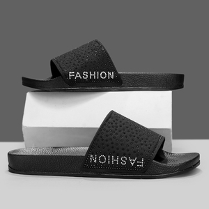 Black PU Slide Sandals Open Toe Breathable Rhinestone Decor EVA Outsole <b>Summer</b> Fashion <b>Slippers</b> - Product Image 2