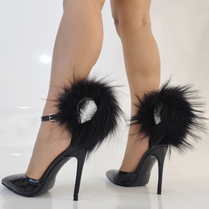 Sandales à talons hauts pour femmes, styles personnalisés, en cuir verni, avec fourrure au dos, talons aiguilles, chaussures habillées, taille 47, coupe large, escarpins à boucles de cheville - Product Image 2