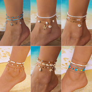 Conjunto de joyería chapada en oro Europeo Americano de 18 quilates, placa de estrella de mar, Concha, cadena de <span class=keywords><strong>pie</strong></span> de 3 piezas, accesorio de playa de verano versátil para regalos - Product Image 1