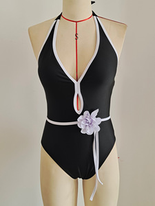 Traje de baño de una pieza con cuello halter para mujer, color blanco y negro, estilo vintage, traje de baño de color sólido, trajes de baño de una pieza vintage - Product Image 4