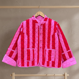 Pink Striped Quilted <b>Women</b> Jacket Reversible Horn Button Autumn Winter <b>Coat</b> Thick Breathable Regular Length - Product Image 3