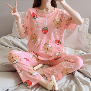 Ensemble de pyjamas manches courtes à imprimé complet, 2 pièces, taille élastique, doux, lait, soie, dessins animés coréens pour chambre d'étudiants - Product Image 4