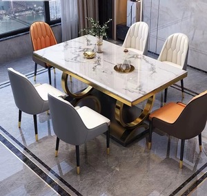 Tavoli da Pranzo Moderni di Design per Vendita all'Ingrosso, Piano Rettangolare <span class=keywords><strong>in</strong></span> Finto Marmo con Base Creativa ad Anelli Metallici Intrecciati. - Product Image 5