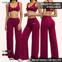 Set Yoga Wanita LORISOW Private Label dengan Logo Custom, Pakaian Olahraga 2 Potong, Bra Olahraga Pinggang Tinggi dan Legging Flare