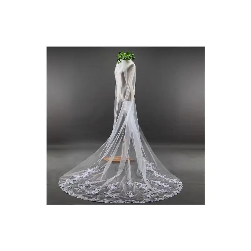 تخصيص جميلة تصميم بسيط مزين الدانتيل تول طبقة واحدة طويلة الزفاف فستان الزفاف الحجاب مع مشط