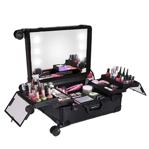 Obox Cosmetische Case Reizen Luxe Reis Cosmetische Case Professionele Make-Up Case Met Verlichting Muziek Blauwe Tand En Touchscreen