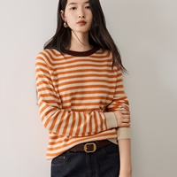 Haut tricoté haut de gamme à rayures orange et col rond pour femme, idéal pour le début de l'automne, coupe amincissante, vente en gros