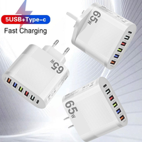 Cargador Rápido de 65W con 5 Puertos USB Tipo C, Enchufe para EE. UU., UE y Reino Unido, Cargador de Teléfono Inteligente con Protección de Sobrecarga para Samsung, iPhone y Google
