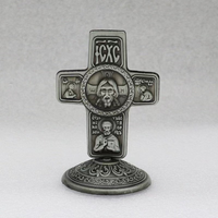 Croix de table orthodoxe vintage en alliage de zinc, icône sainte en relief, crucifix sur pied, figurine religieuse pour voiture, vente en gros