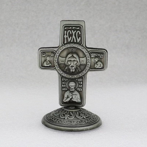 Antiek zinken orthodox tafelkruis met reliëf, heilig icoon, staand kruisbeeld, religieus auto-decoratie beeldje, groothandel - Product Image 3