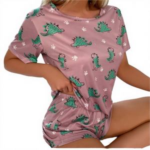 2 Pieces Ladies Dinosaur Print Summer Breathable Soft Knitted Lounge Wear T-shirt Top and Shorts Pajamas Set - Product Image 4