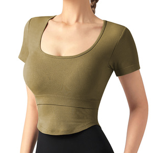 Yoga <b>Top</b> With <b>Built</b>-<b>in</b> <b>Bra</b> Pad Breathable Short Sleeve Women's Fitness Exercise Wear S M L XL White Black Khaki Coffee Leaf - Product Image 3