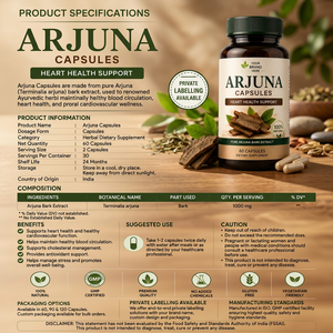 Capsules Arjuna 60 unités, soutien de la santé cardiaque, complément alimentaire à base de plantes, naturel, sans gluten, végétarien, antioxydant, pour enfants et adultes - Product Image 1