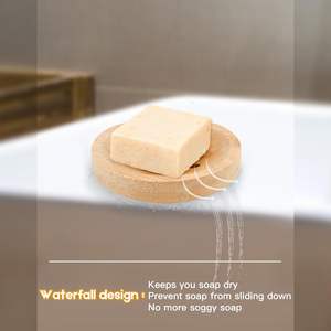Juego de 4 Jaboneras de Bambú para <span class=keywords><strong>Ducha</strong></span>, Soportes Redondos de <span class=keywords><strong>Madera</strong></span> con Bandeja Autodrenante para Barras de Champú y Acondicionador - Product Image 2