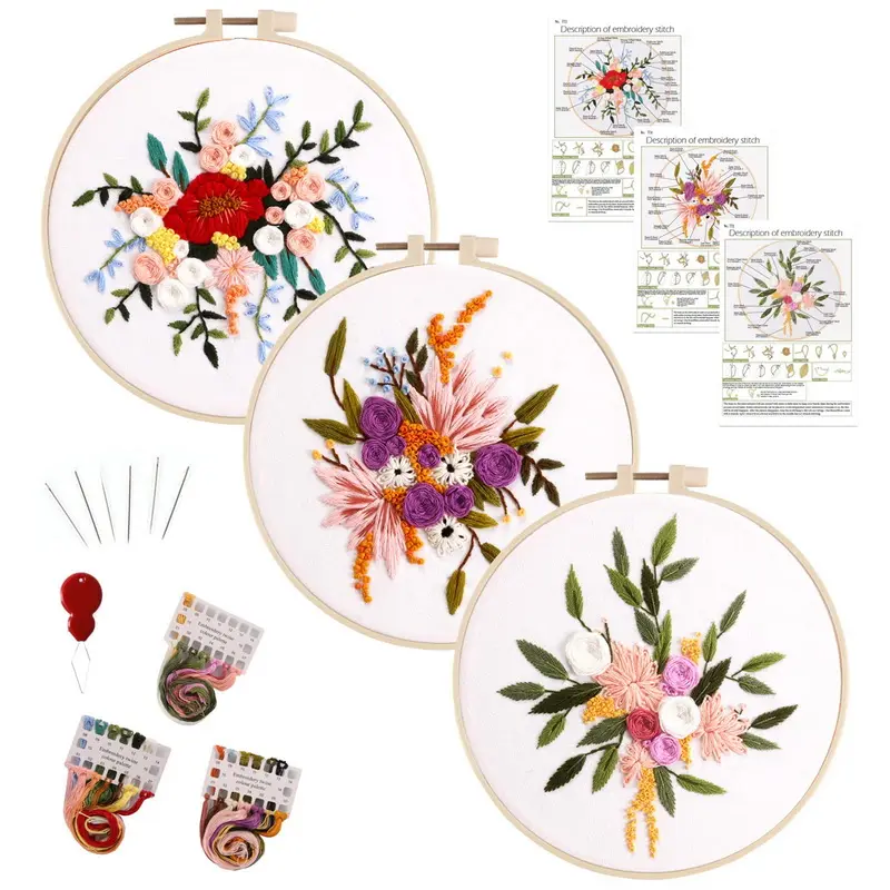 Handmade Flower Embroidery Set Floral Embroidery Kit for Beginners DIY Embroidery Hoops Threads Cross Stitch Kits Sewing Starter