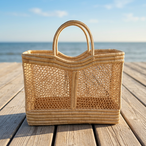 Handmade Raffia Bucket <b>Storage</b> <b>Basket</b> Two Handles Natural Craft Decorative Colorful Sequin Design Chinese New Year Advertising - Product Image 5