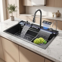 Évier de cuisine intelligent multifonctionnel en acier inoxydable 304 à cuve unique, design cascade noir nano, affichage numérique LED, nouveau modèle 2026