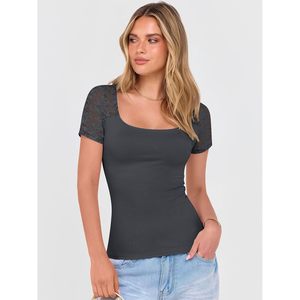 FOXA Camiseta de manga corta con encaje para mujer, cuello redondo, tejido acanalado, corte ajustado, informal, conjunto de moda de verano - Product Image 4