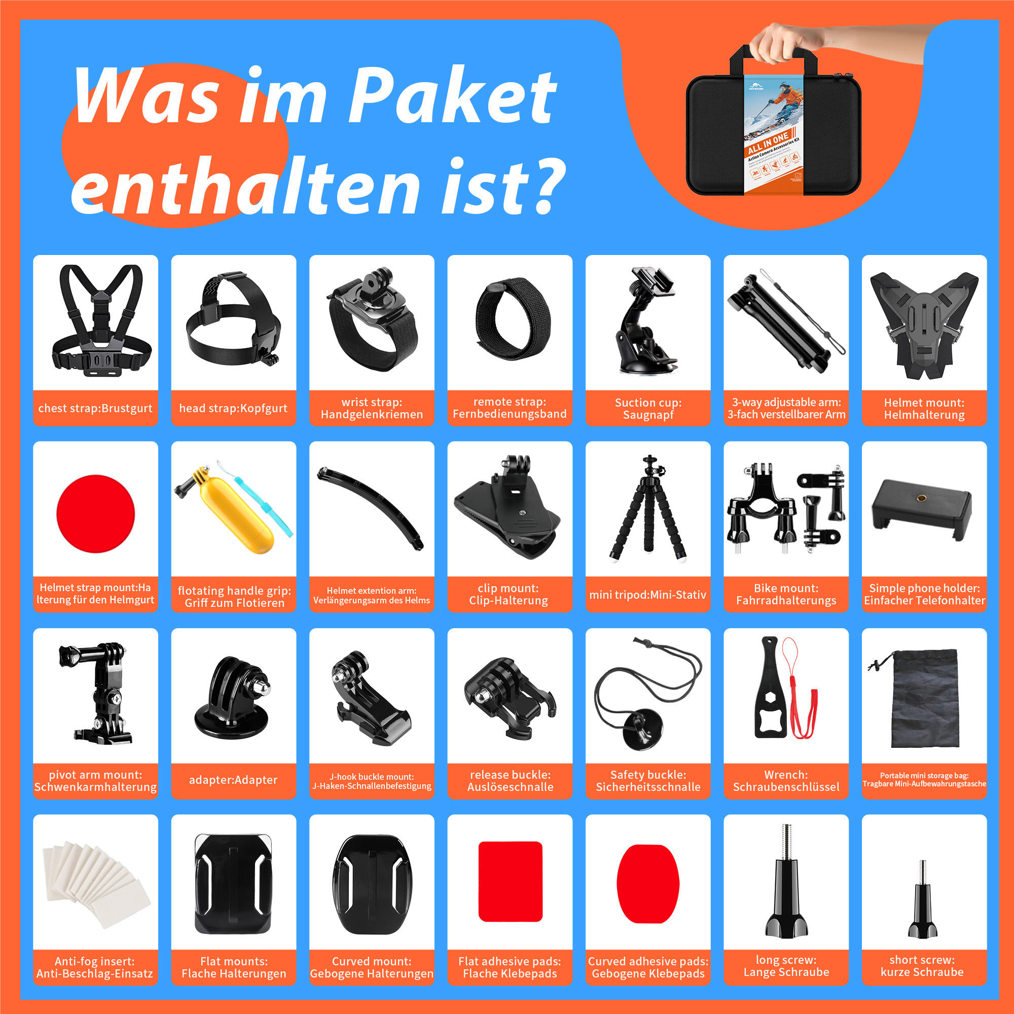 Sport Camera Accessories Kits Suitable for GoPro Accessories 65 In-1 Set Insta DJI Cycling Stand Chest Head with Phone Clip Set