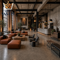 Ensemble de mobilier industriel pour hall d'hôtel avec canapé en cuir, fauteuils lounge, bureau de réception et buffet pour projets