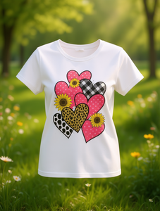 T-shirt da donna con stampa a cuore, manica corta, girocollo, casual, in jersey di cotone, con stampa a quadri, pois e animali, per la primavera - Product Image 2