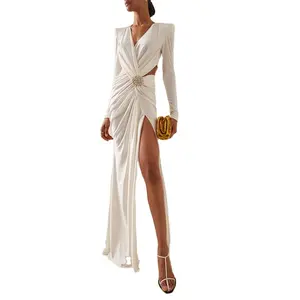 2024 Wholesale Custom Luxury Silk White Long Sleeve High Quality Maxi Evening Dress