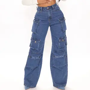Celana Panjang Longgar Wanita Hip Hop Jeans Kargo Kaki Lebar Gaya Pacar Denim Pudar Pinggang Banyak Kantong