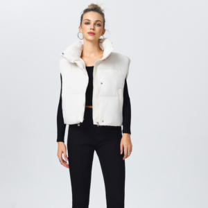 Gilet élégant en duvet avec col montant, couleur unie, toucher confortable et coupe ajustée. - Product Image 1