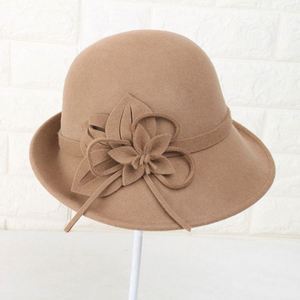 Women Elegant Autumn Winter Wool Felt Cloche <b>Hat</b> Casual Fashion Wool Felt Bucket <b>Hat</b> with Floral Accent - Product Image 2