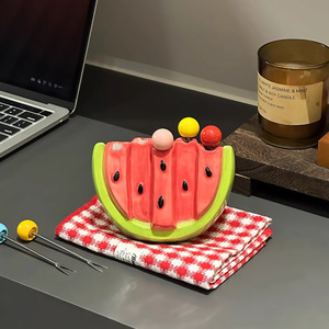 Fourchettes à fruits d'été en forme de pastèque, sabres à fruits mignons en acier inoxydable de qualité supérieure pour enfants avec pot de rangement en céramique, usage domestique - Product Image 6