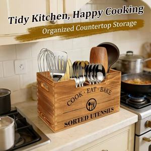 Wooden Cutlery Storage Box Solid Wood Rectangle With Compartments For <b>Kitchen</b> Utensil Organization - Product Image 2