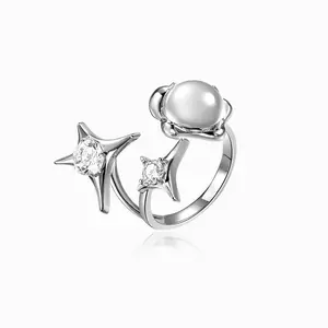 时尚个性925纯银不规则星形芒水晶戒指高档大号锆石戒指女性饰品