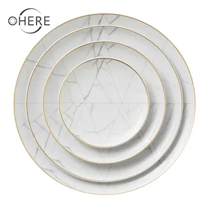 Wholesale High-end White Marble Plates with golden rim Bone China Wedding Dinner Set Ceramic Kitchenware Charger Plates Wedding