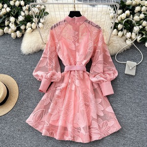 Robe élégante pour femme de qualité supérieure, en dentelle ajourée brodée, à bouton unique, coupe évasée, avec ceinture à nouer - Product Image 3