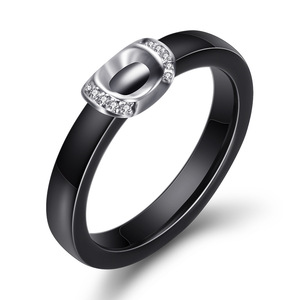Bague en céramique 4 mm, forme géométrique noire et blanche, sertie de diamants, pour femme, bijoux cadeau - Product Image 5
