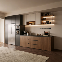 Buffet moderne avec rangements, couleur noyer, armoires supérieures crème avec éclairage LED pour la maison