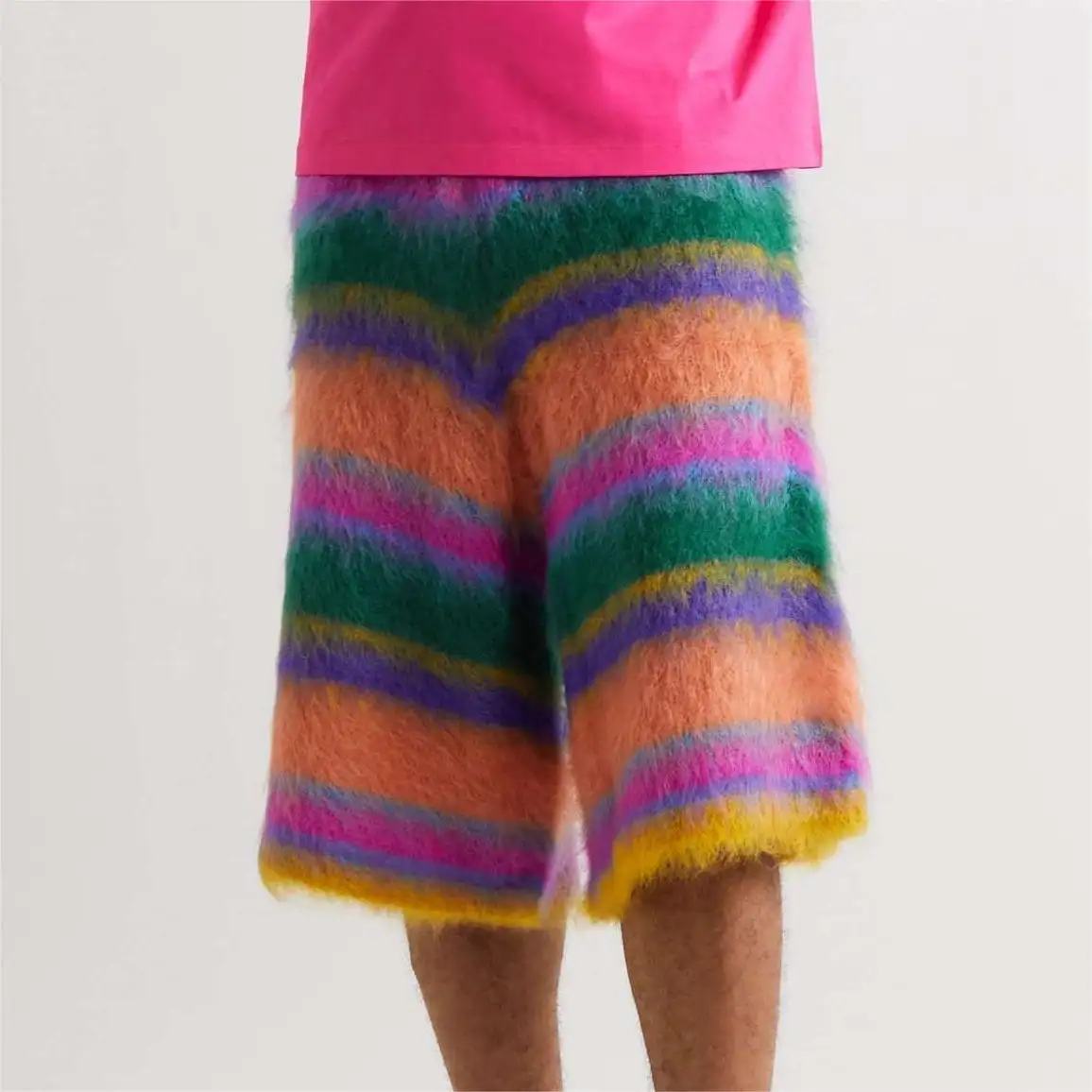 Knitwear Manufacturer Custom Made Winter Stripe Knit Mohair Mens Short Pants Drawstring Knitted Mohair Men Shorts