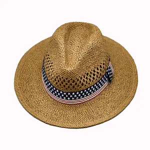 새로운 남자를 선적 준비 여자 UPF50 + 넓은 챙 밀짚 손으로 짠 중공 파나마 모자 미국 국기 밴드 페도라 비치 태양 모자