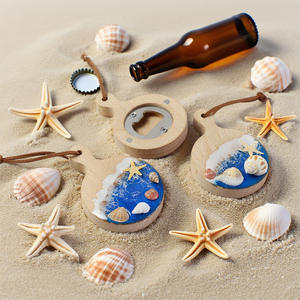 Porte-clés décapsuleur en résine et <span class=keywords><strong>bois</strong></span> motif vague océanique fait main – Essentiel portable pour fêtes en extérieur et voyages sur le thème de la plage - Product Image 1
