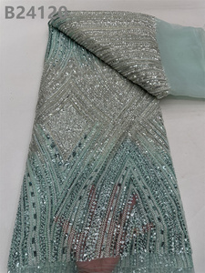 CHOCOO Tessuto in Pizzo 100% Poliestere con Paillettes Ricamate, <span class=keywords><strong>Tulle</strong></span> Africano alla Moda con Perline <span class=keywords><strong>Verde</strong></span> Smeraldo per Abiti da Sposa - Product Image 5