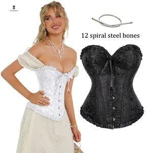 Gothic court style 12 steel bones overbust bustier waist corset lace floral shapewear casual outfit lingerie