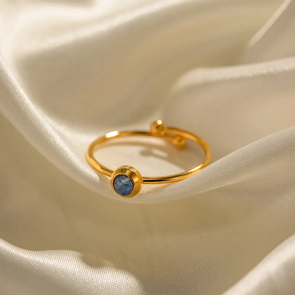 Moda Jóias Anéis Gemstone Ajustável Anel Impermeável Aço Inoxidável Dainty Sea Blue Stone Ring para As Mulheres