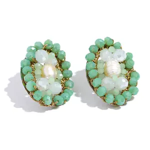 JINYOU 2479 Green Crystal Beads Natural Pearl Oval Handmade Stud Earrings Stainless Steel Fashion Trendy Jewelry Women Gala Gift